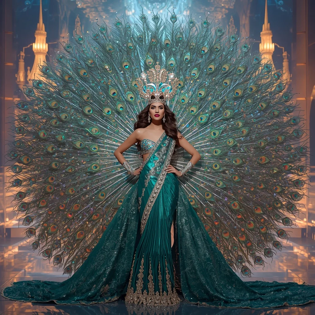 Crystal Peacock Crown Saree with Floating Royal Feather Citadel | Prompt For Gemini AI Girl Style Trending Instagram