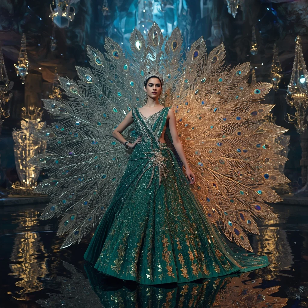 Crystal Peacock Crown Saree with Floating Royal Prism Jungle | ChatGPT Photo Editing Prompts For Girl