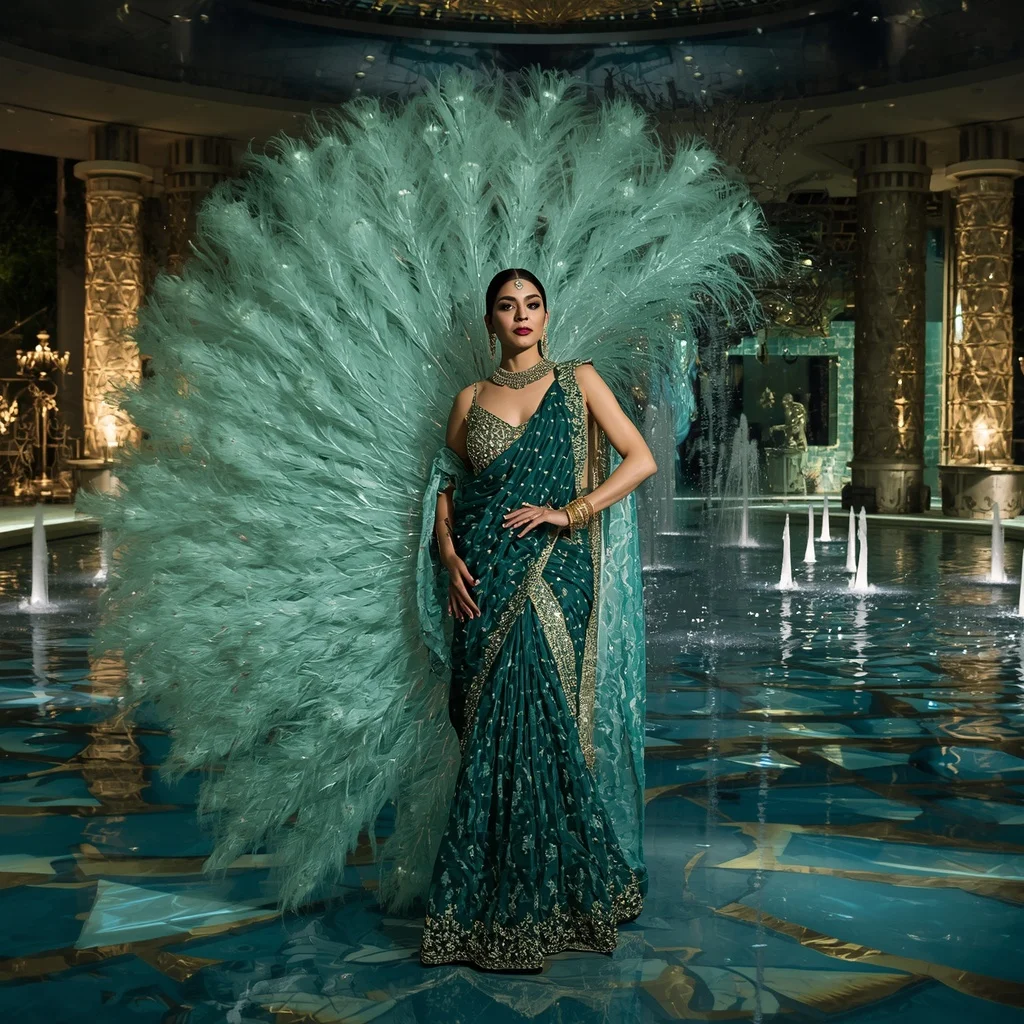 Crystal Peacock Fountain Saree with Floating Royal Water Court | Prompt For Girls Trending