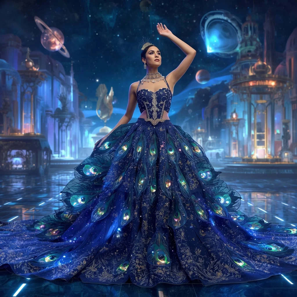 Crystal Peacock Observatory Saree with Celestial Festival Kingdom | Prompt Seen Trending Girl AI Photo