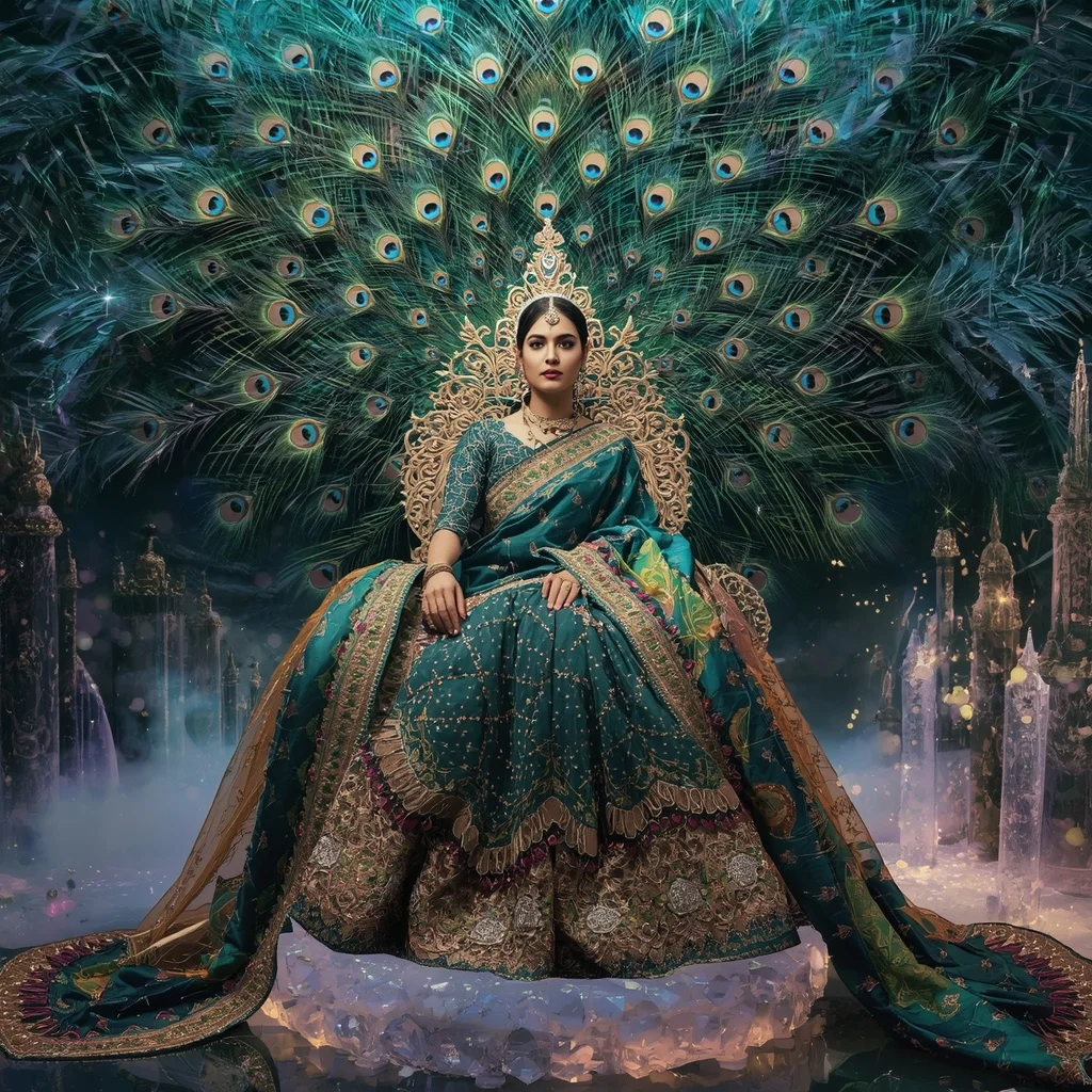 Crystal Peacock Throne Saree with Jewel Feather Universe | New Instagram Trend Prompt For Girl Love