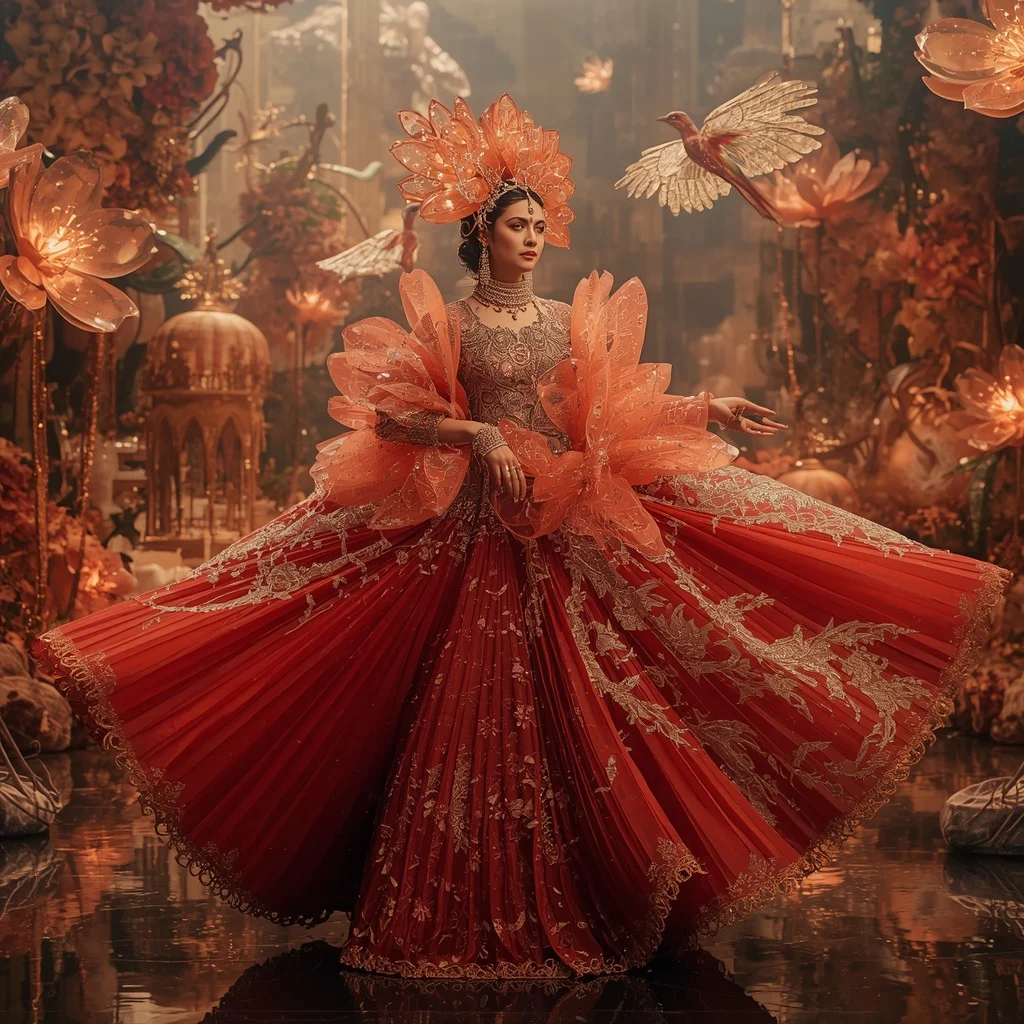 Crystal Phoenix Garden Saree with Floating Fire Blossom Paradise | Indian Girl Ai Prompt