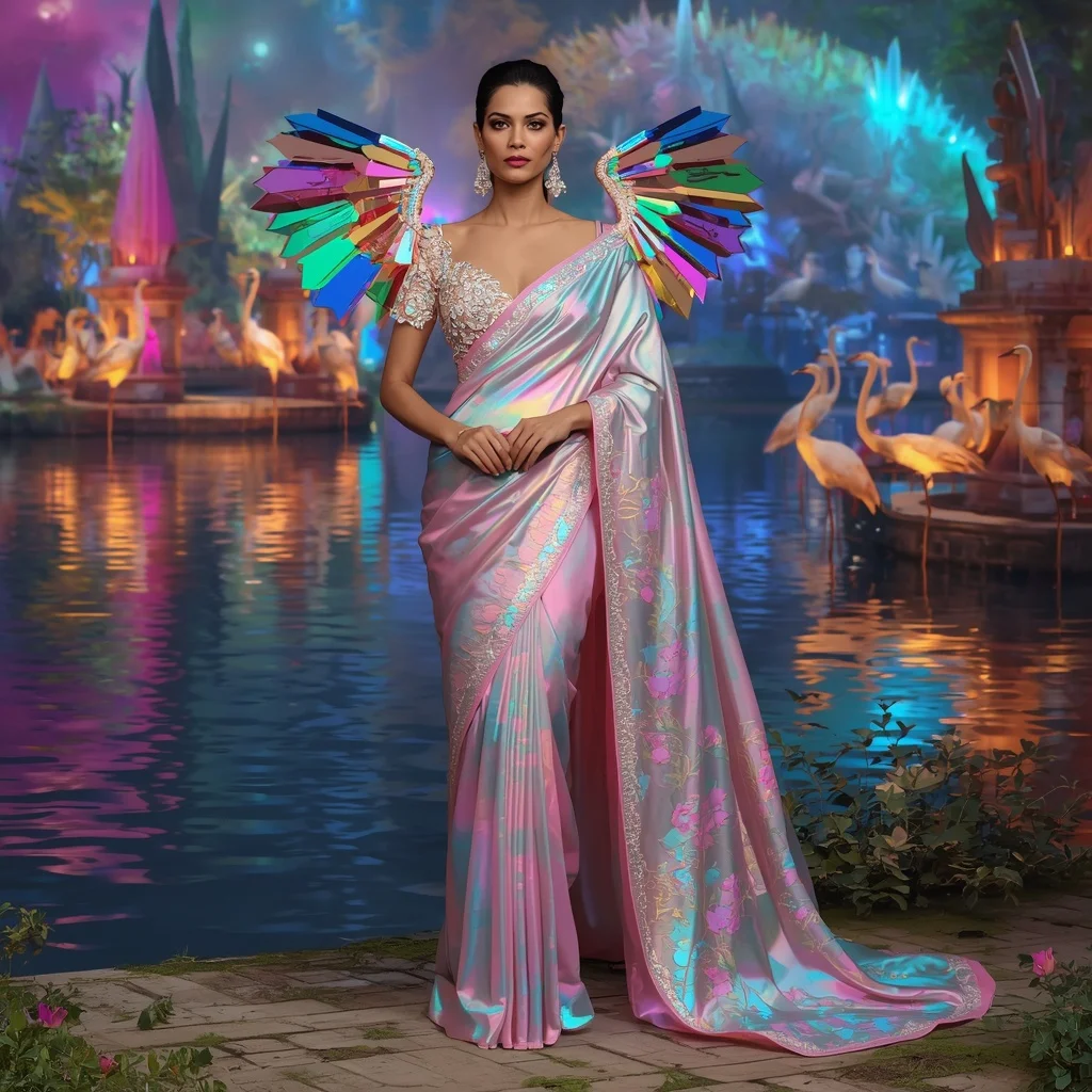 Crystal Prism Crane Saree with Rainbow Wetland Realm | Prompt For Traditional Look For Girl Copy Paste