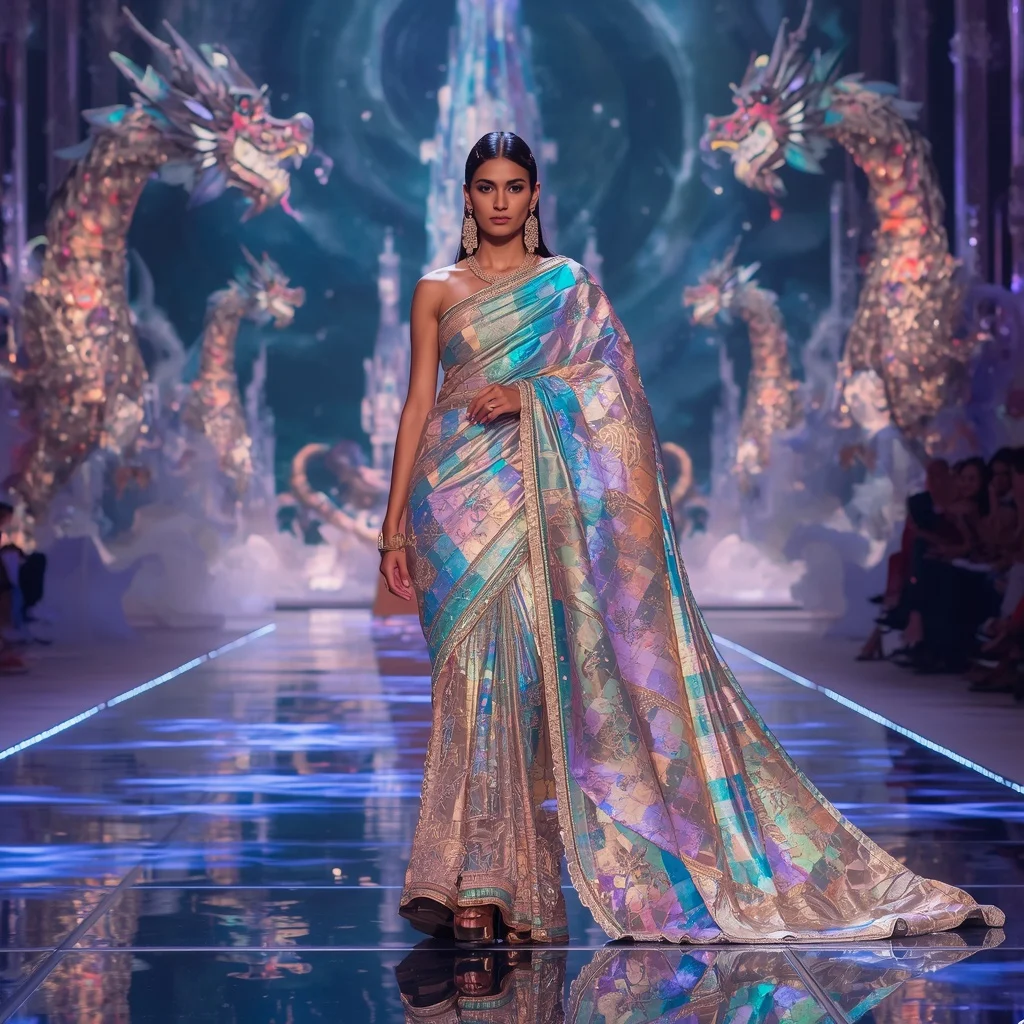 Crystal Prism Dragon Saree with Floating Infinity Fortress Universe | Saree Ai Prompt