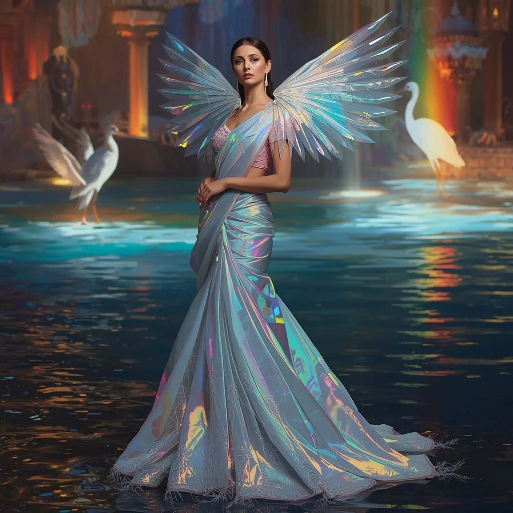 Crystal Prism Heron Saree with Rainbow Water Kingdom | Prompt Seen Girl Lehenga