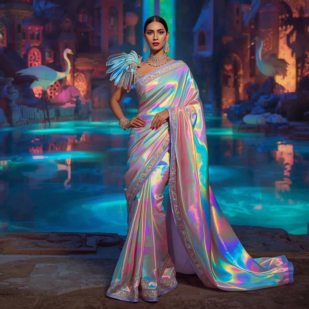 Crystal Prism Heron Saree with Rainbow Water Kingdom | Easy Ai Prompt