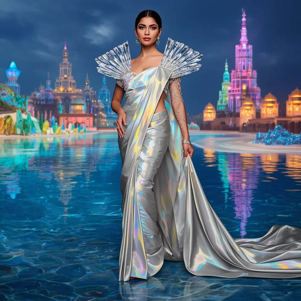 Crystal Prism Ocean Queen Saree with Rainbow Tidal Empire | Woman Pose Ai Prompt