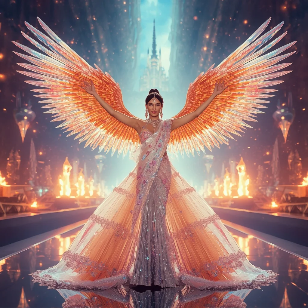 Crystal Prism Phoenix Saree with Floating Lightstorm Palace Universe | Prompt Seen Girl Photo Editing