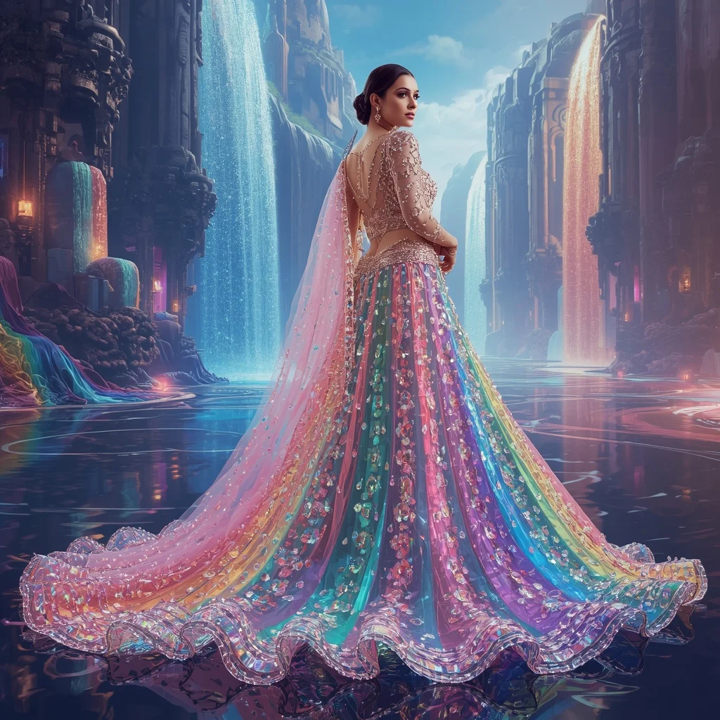 Crystal Prism Waterfall Saree with Floating Rainbow Cascade Kingdom | Prompt Seen Girl Photo Editing Chatgpt Aesthetic