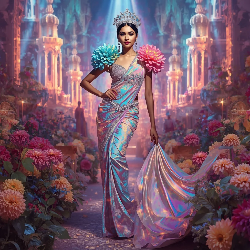 Crystal Rainbow Dahlia Cathedral Saree with Prism Floral Kingdom | Trending Prompt Girls ChatGPT