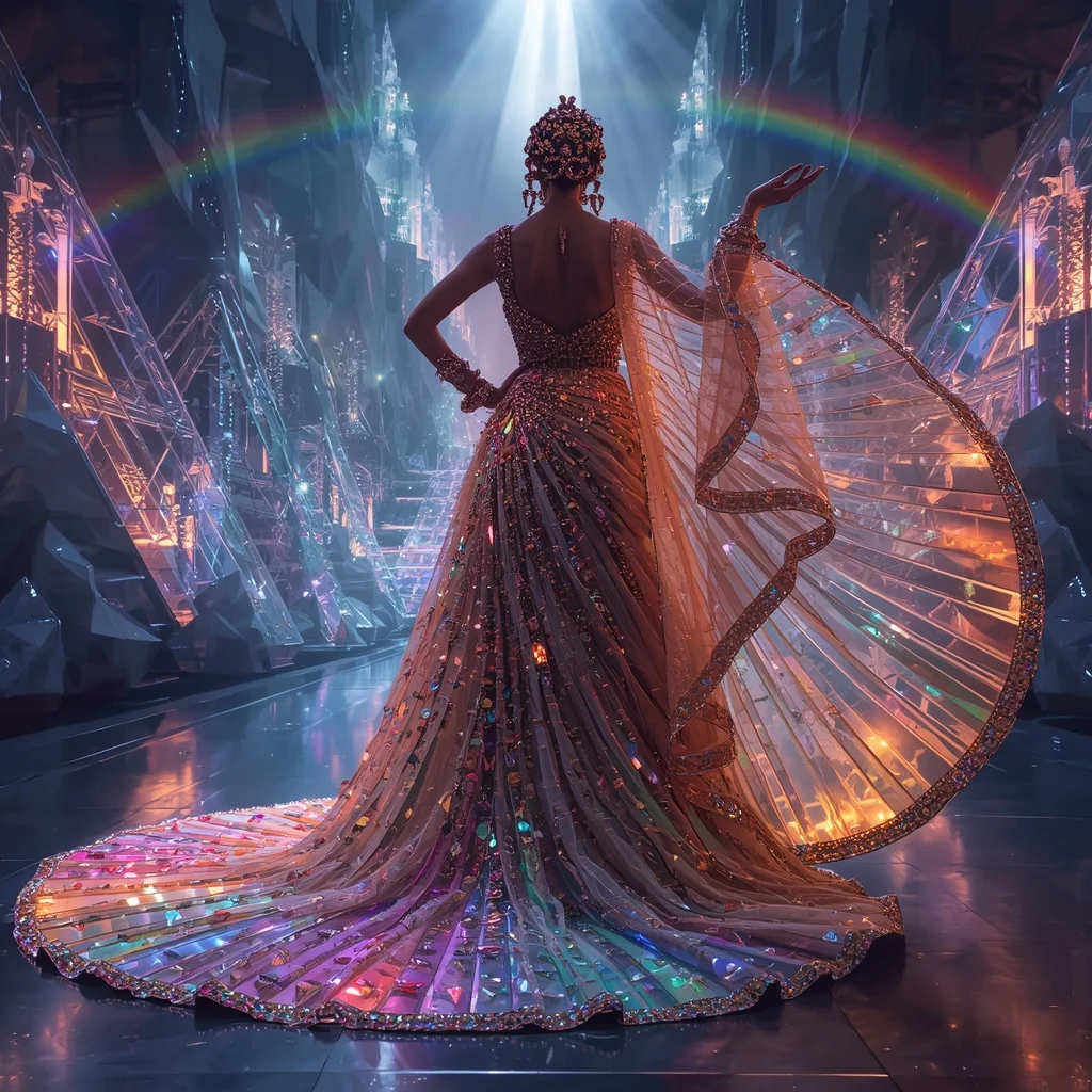 Crystal Rainbow Fortress Saree with Floating Prism Kingdom Citadel | Prompt For Girl Photo Editing