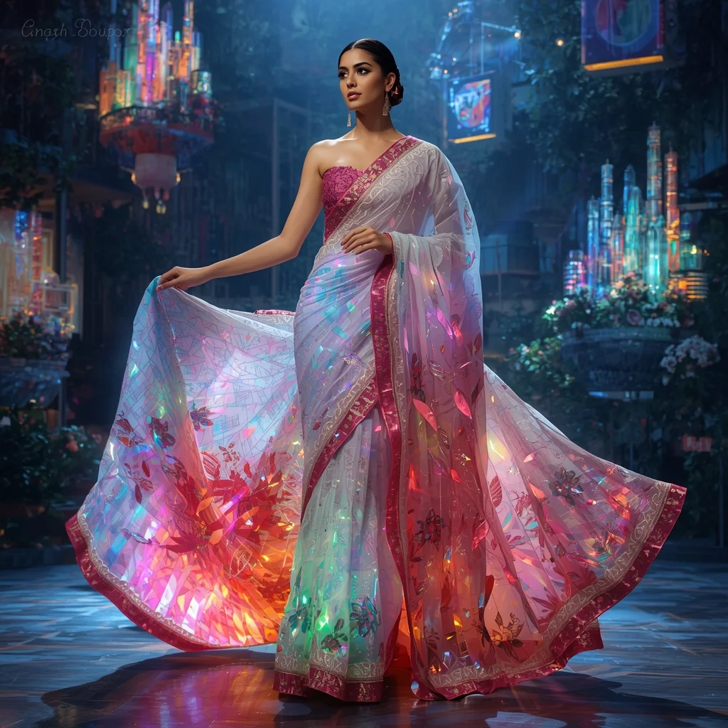 Crystal Rainbow Library Saree with Floating Knowledge Garden Metropolis | Trending Prompt Girls ChatGPT