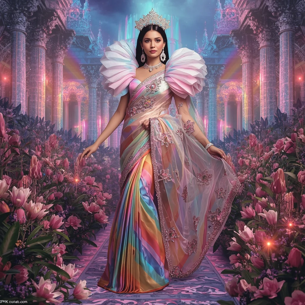 Crystal Rainbow Magnolia Cathedral Saree with Prism Bloom Kingdom | Image To Prompt