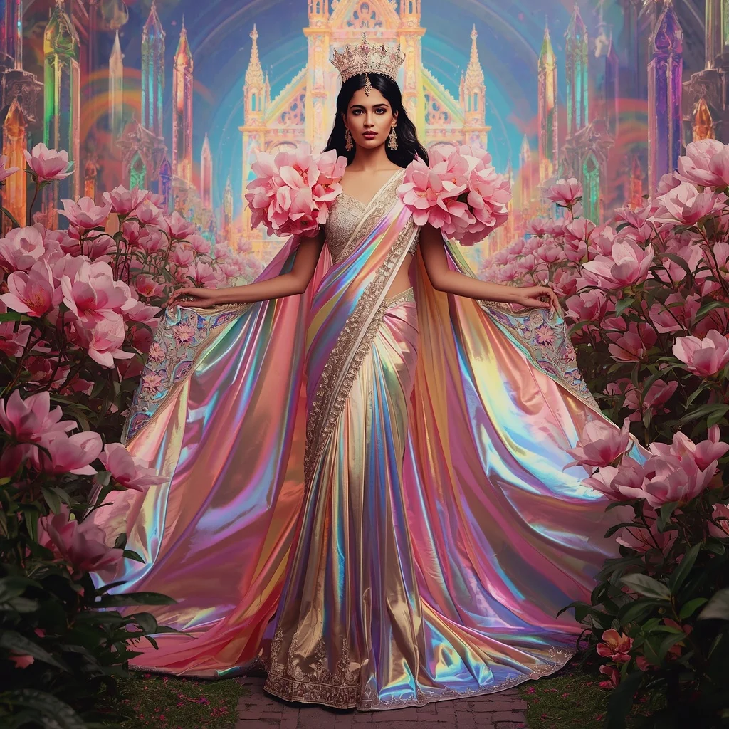 Crystal Rainbow Magnolia Cathedral Saree with Prism Floral Empire | Prompt For Girls Trending