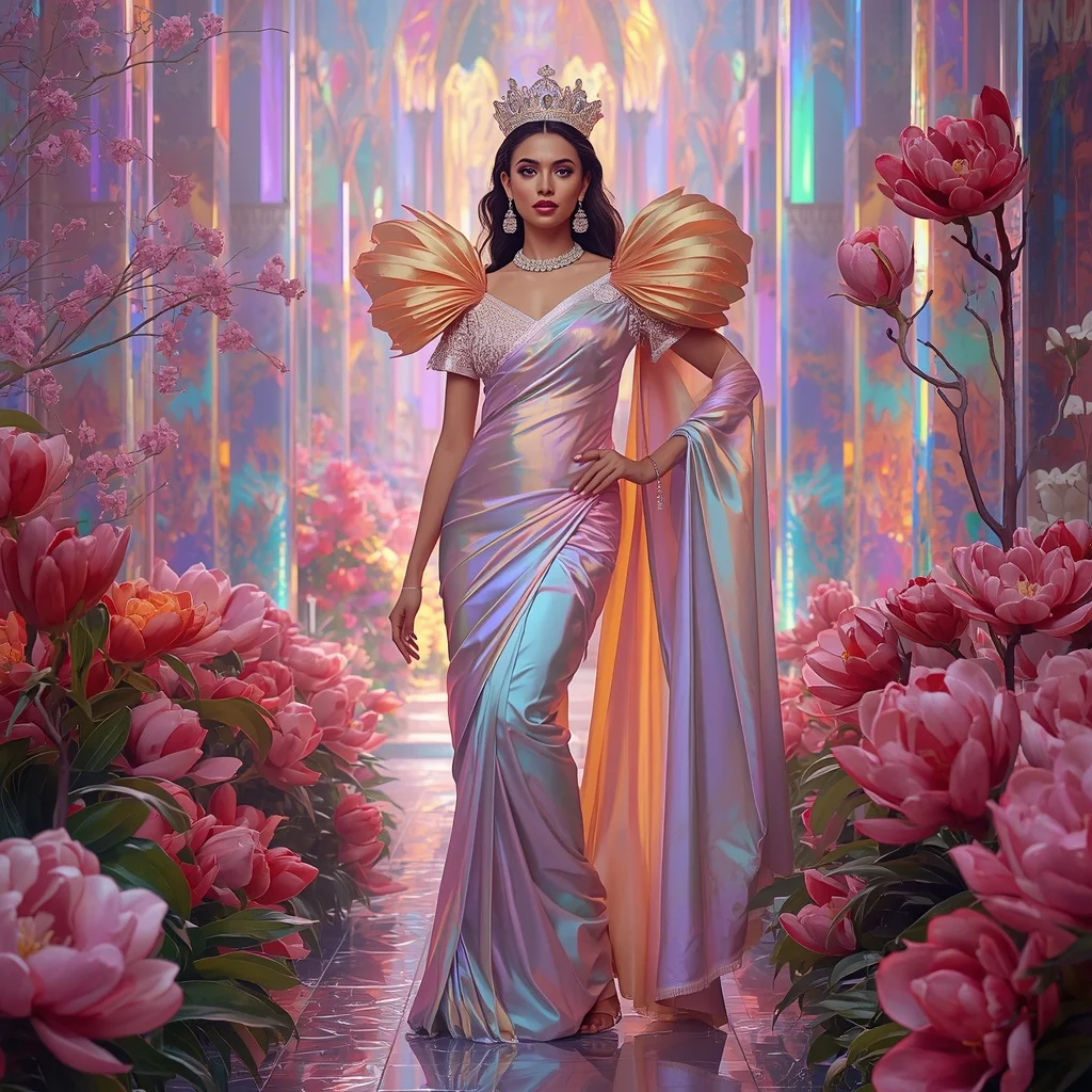 Crystal Rainbow Magnolia Cathedral Saree with Prism Floral Empire | Luxury Ai Prompt