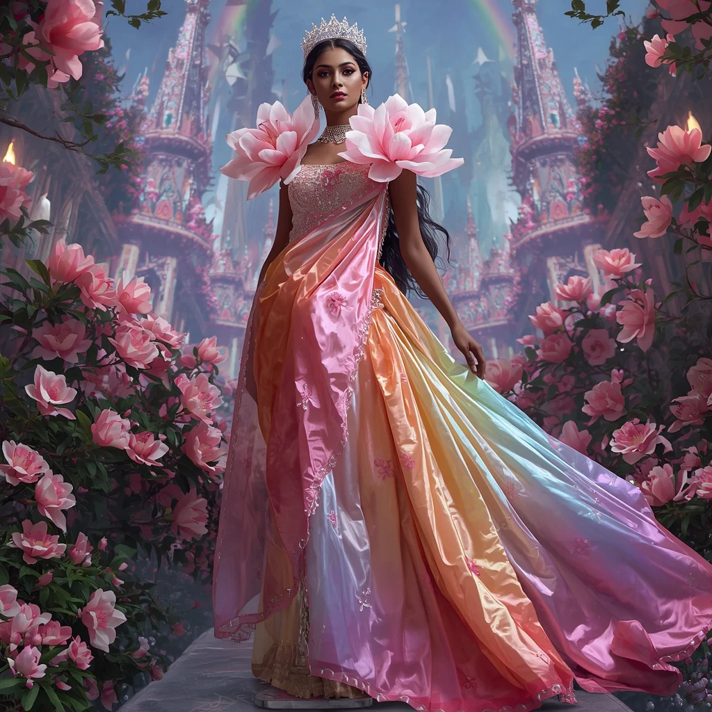 Crystal Rainbow Magnolia Cathedral Saree with Prism Floral Empire | Chatgpt Photo Editing Styles For Girl