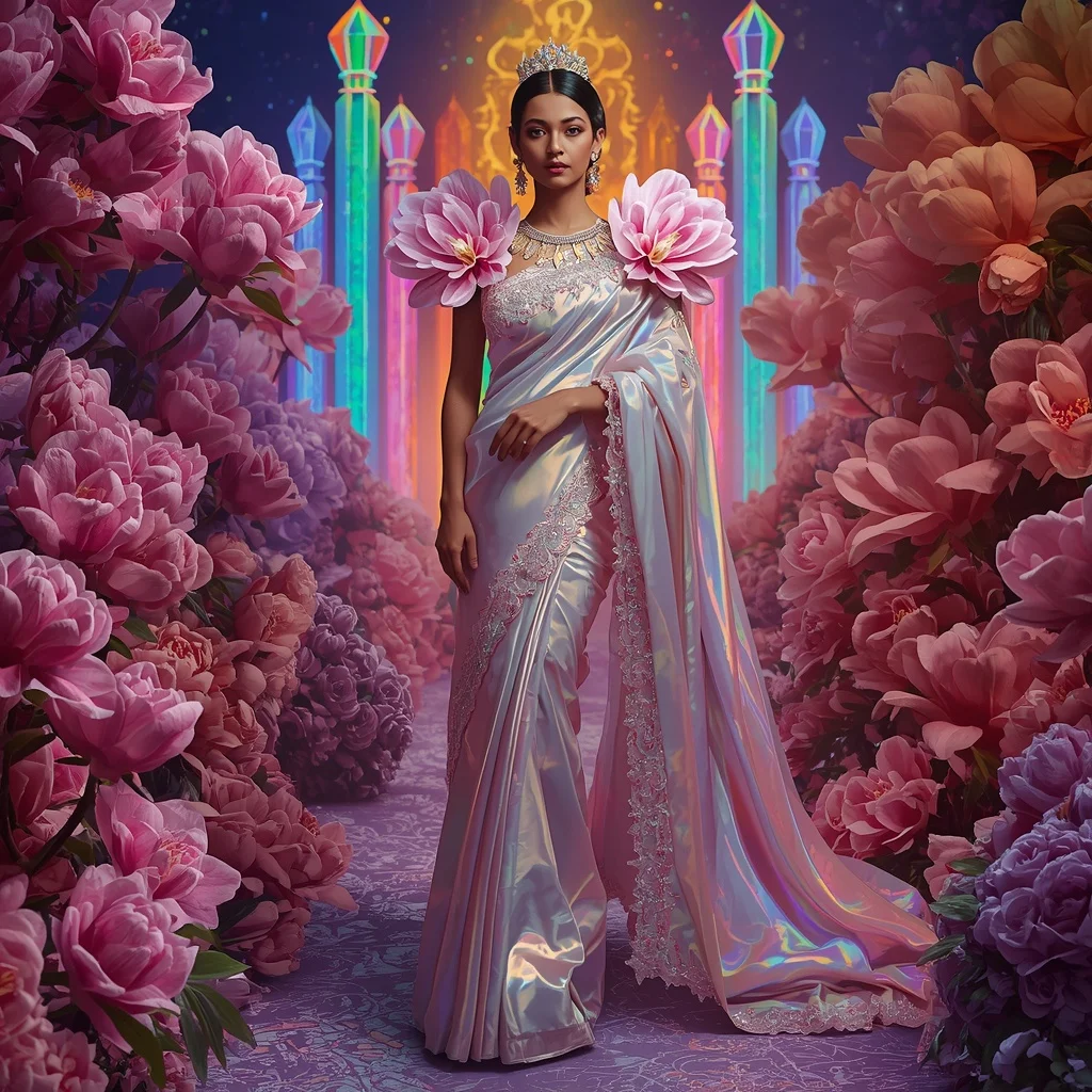 Crystal Rainbow Magnolia Cathedral Saree with Prism Floral Empire | Fashion Ai Prompt