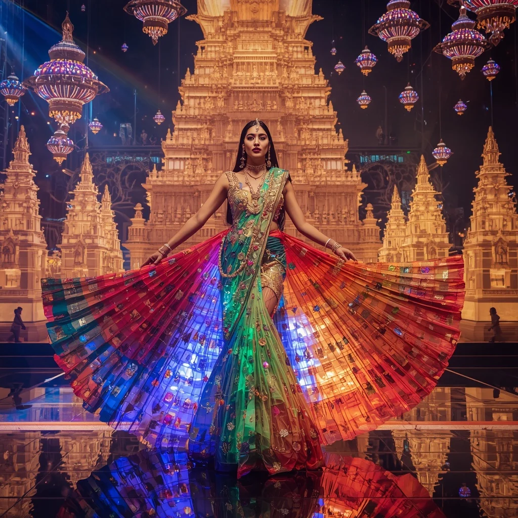 Crystal Rainbow Temple Saree with Floating Festival Light Kingdom | Instagram Model Ai Prompt