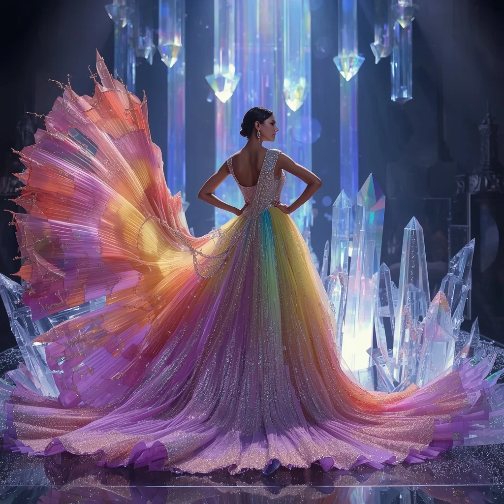 Crystal Rainbow Waterfall Saree with Floating Prism Paradise Realm | Leonardo Ai Image Prompt