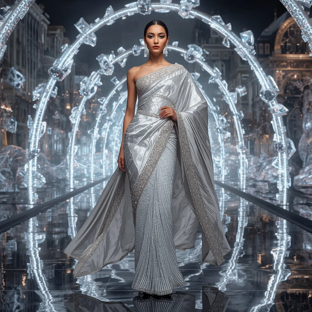 Crystal Reflective Arch Saree with Infinity Fashion Boulevard | Modern Design Ai Prompt