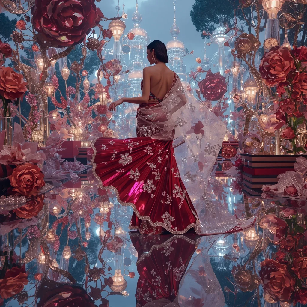 Crystal Rose Mirror Saree with Floating Reflection Garden Palace | Best Ai Prompts Free