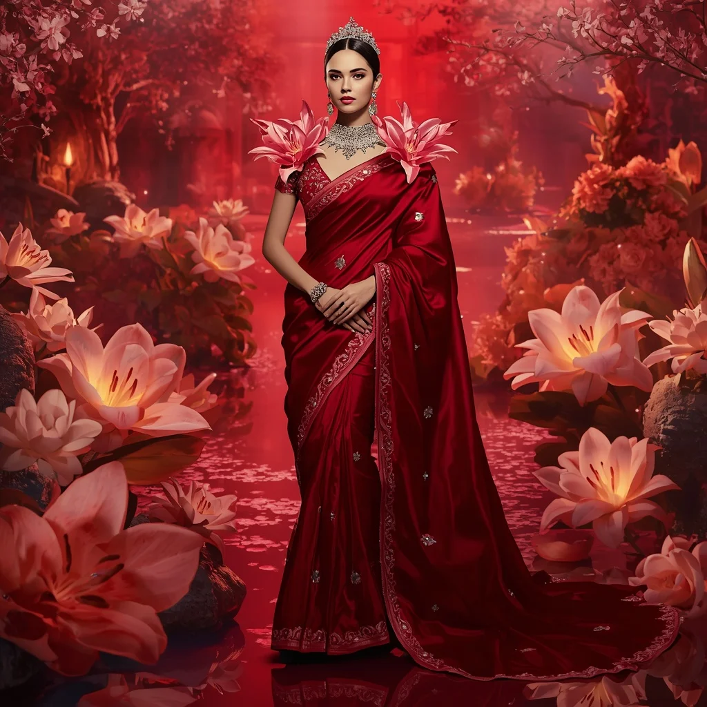 Crystal Ruby Lily Palace Saree with Scarlet Reflection Empire | Indian Bride Saree Ai Prompt
