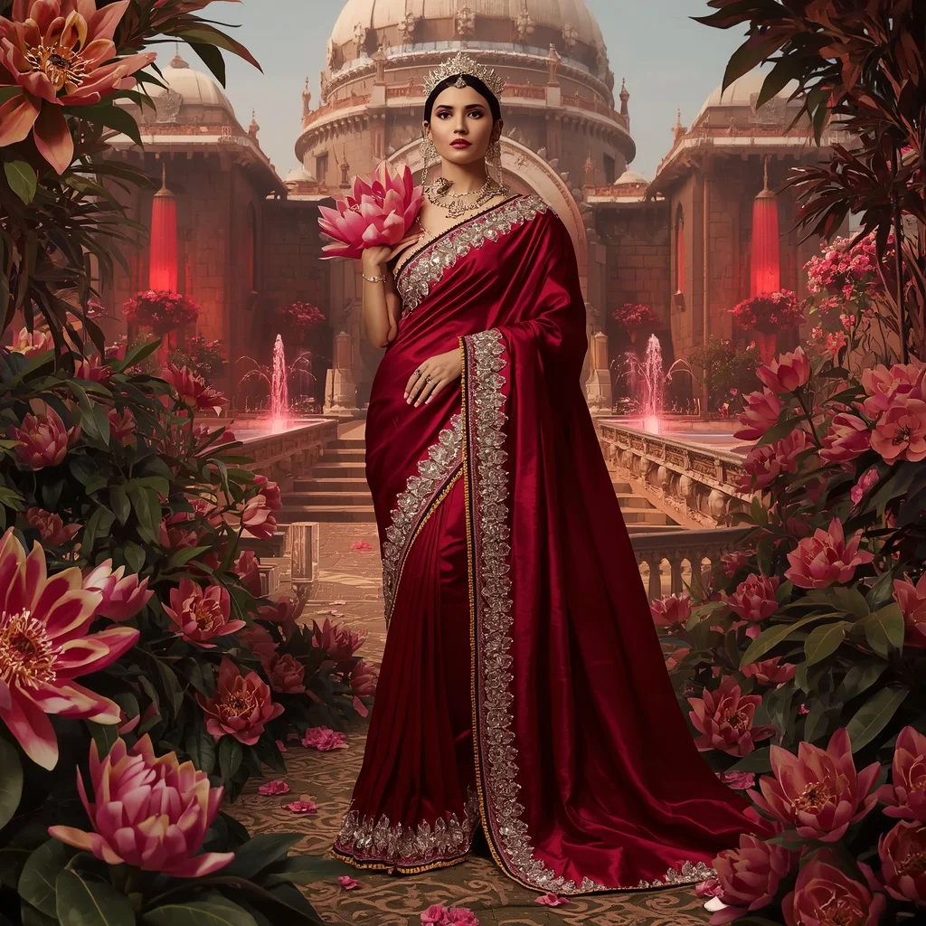 Crystal Ruby Protea Saree with Imperial Floral Citadel | Gemini Prompt