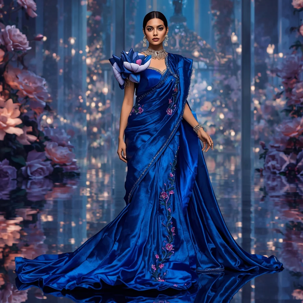Crystal Sapphire Camellia Palace Saree with Reflection Bloom Realm | New Instagram Trend Prompt For Girl Attitude