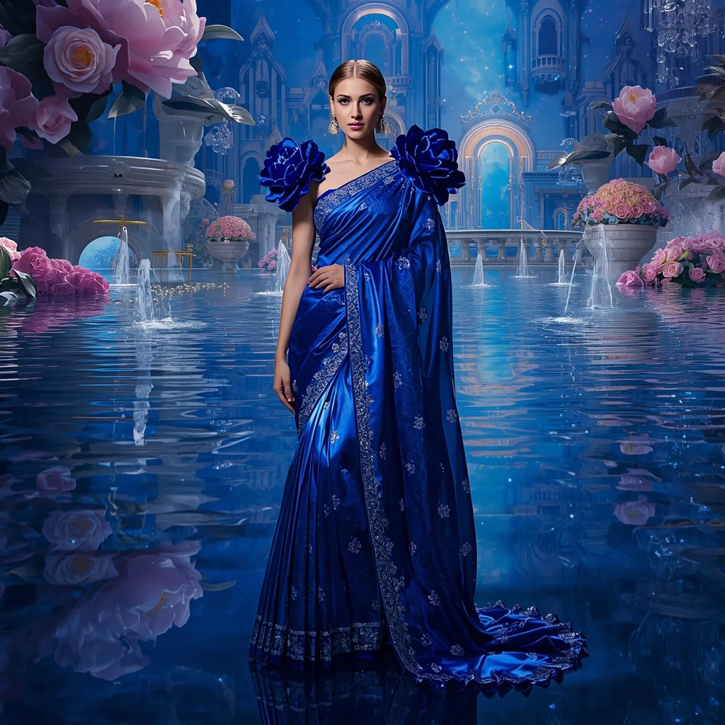 Crystal Sapphire Camellia Palace Saree with Reflection Bloom Realm | Girls Trending Prompt Gemini Instagram