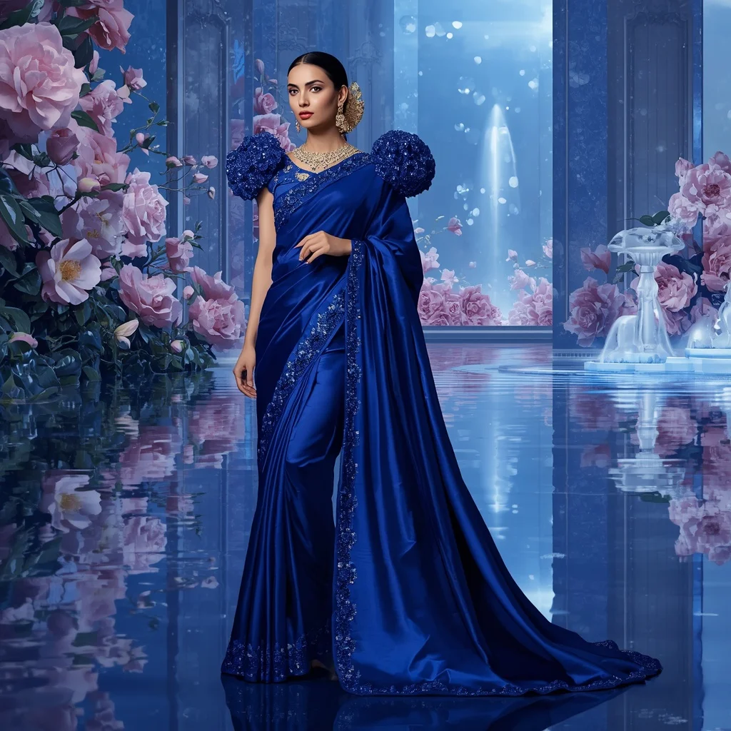Crystal Sapphire Camellia Palace Saree with Reflection Bloom Realm | Trending Prompt Girls ChatGPT