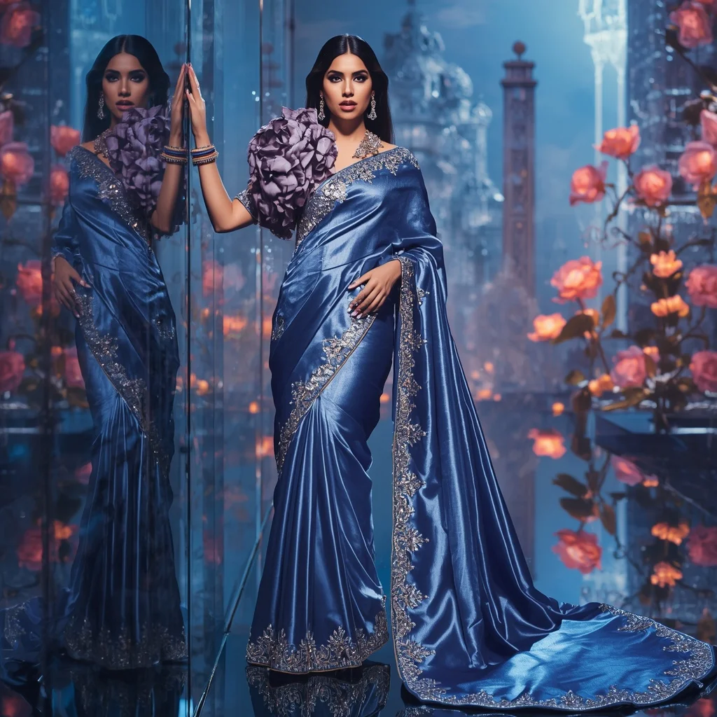 Crystal Sapphire Camellia Palace Saree with Reflection Bloom Realm | Stable Diffusion Prompt