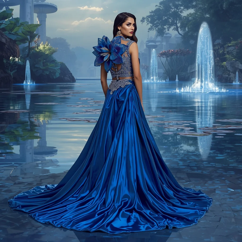 Crystal Sapphire Lotus Palace Saree with Reflection Bloom Dynasty | Prompt Image