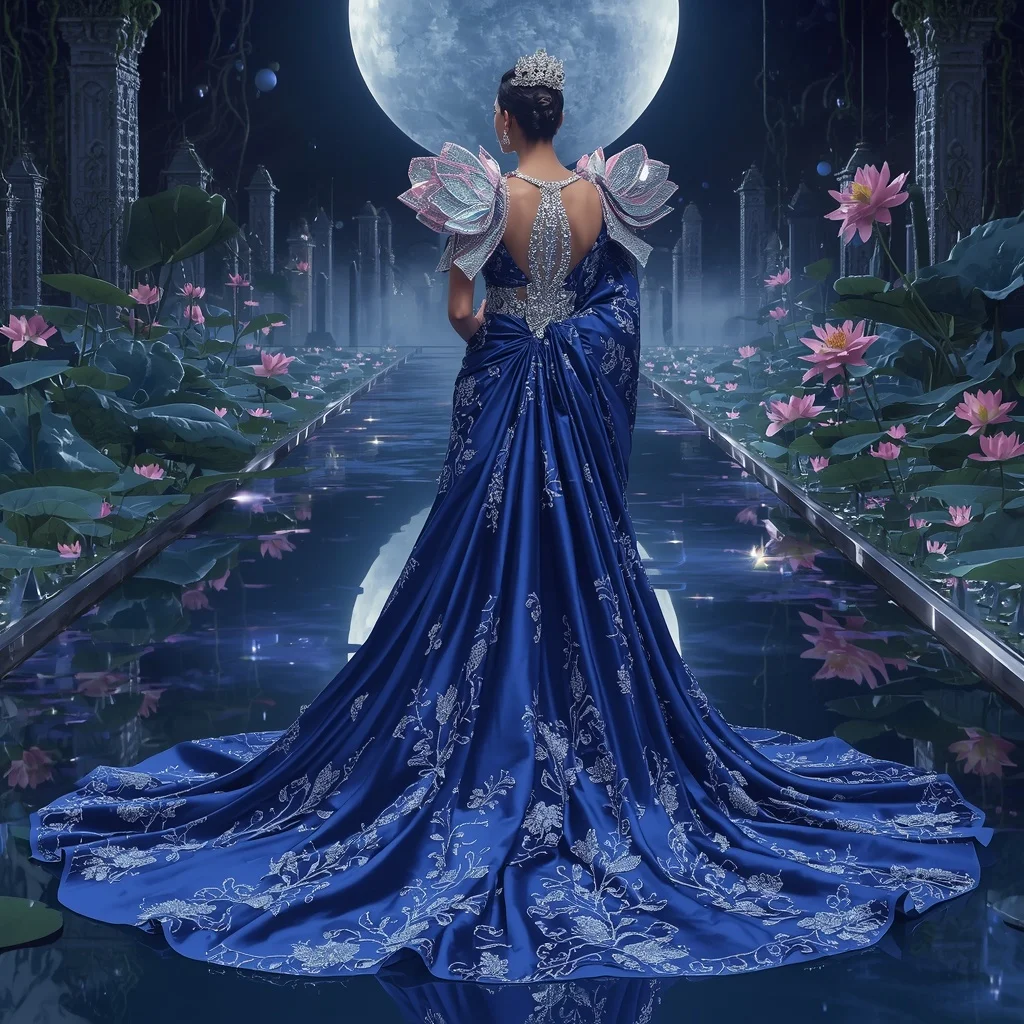 Crystal Sapphire Lotus Waterfall Saree with Moon Garden Reflection Palace | Instagram Viral Photo Prompt