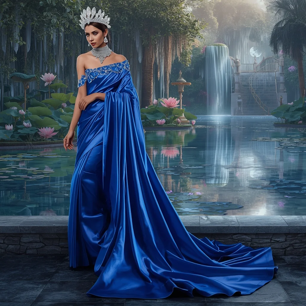 Crystal Sapphire Lotus Waterfall Saree with Moon Garden Reflection Palace | Prompt Seen Girl Photo Editing Chatgpt Aesthetic