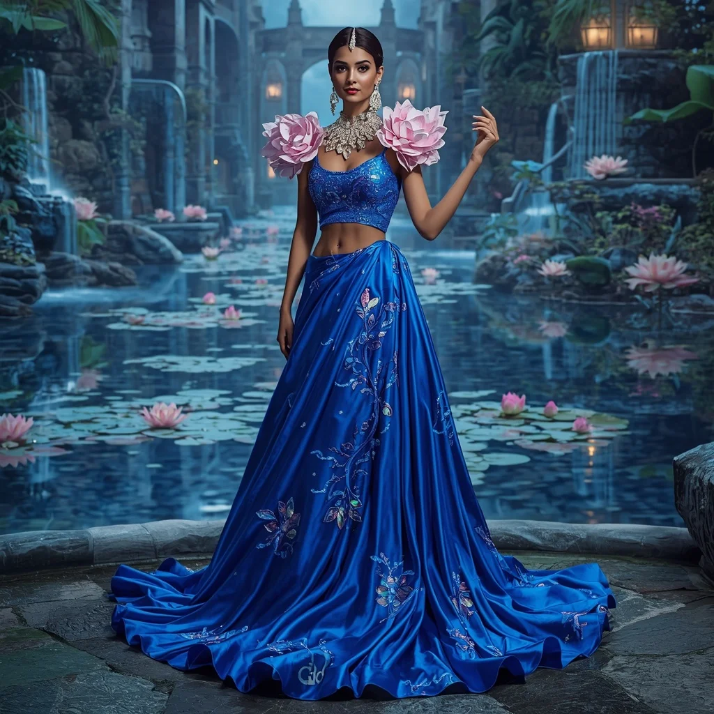 Crystal Sapphire Lotus Waterfall Saree with Moon Garden Reflection Palace | Indian Girl Ai Prompt