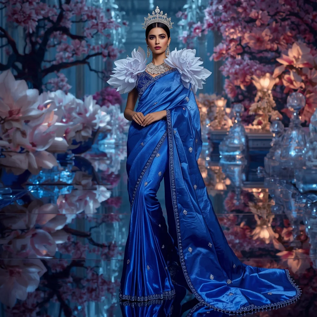 Crystal Sapphire Magnolia Palace Saree with Reflection Bloom Kingdom | Prompt Gemini