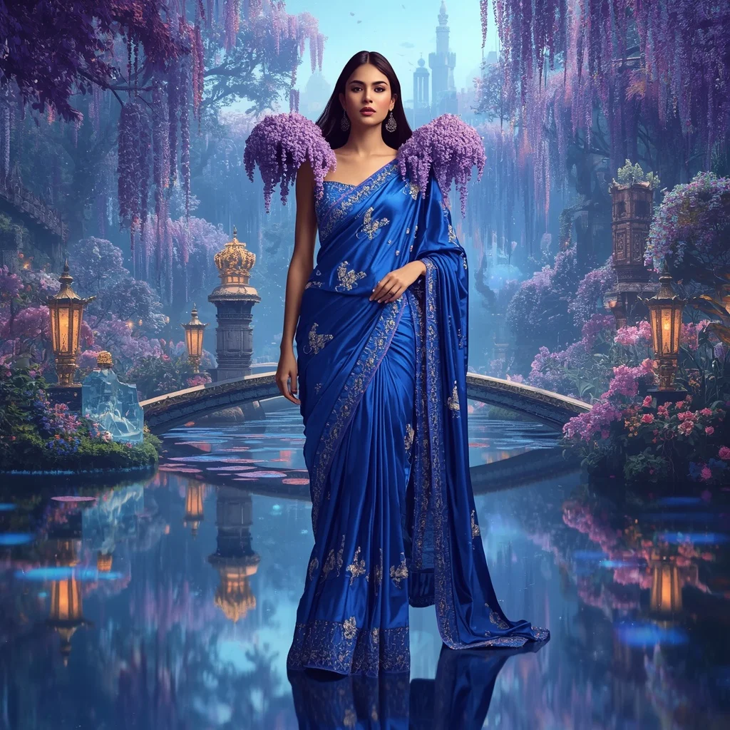 Crystal Sapphire Wisteria Saree with Reflection Garden Kingdom | Fitness Model Ai Prompt