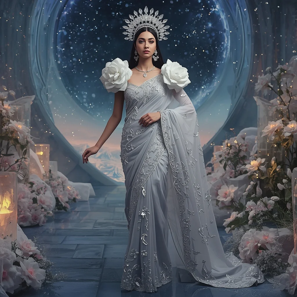 Crystal Silver Camellia Universe Saree with Frozen Star Empire | Prompt Image