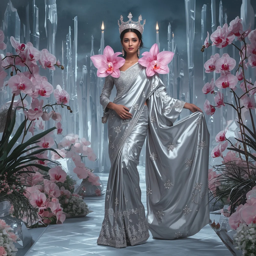 Crystal Silver Orchid Fortress Saree with Frozen Bloom Kingdom | Youtube Thumbnail Ai Prompt
