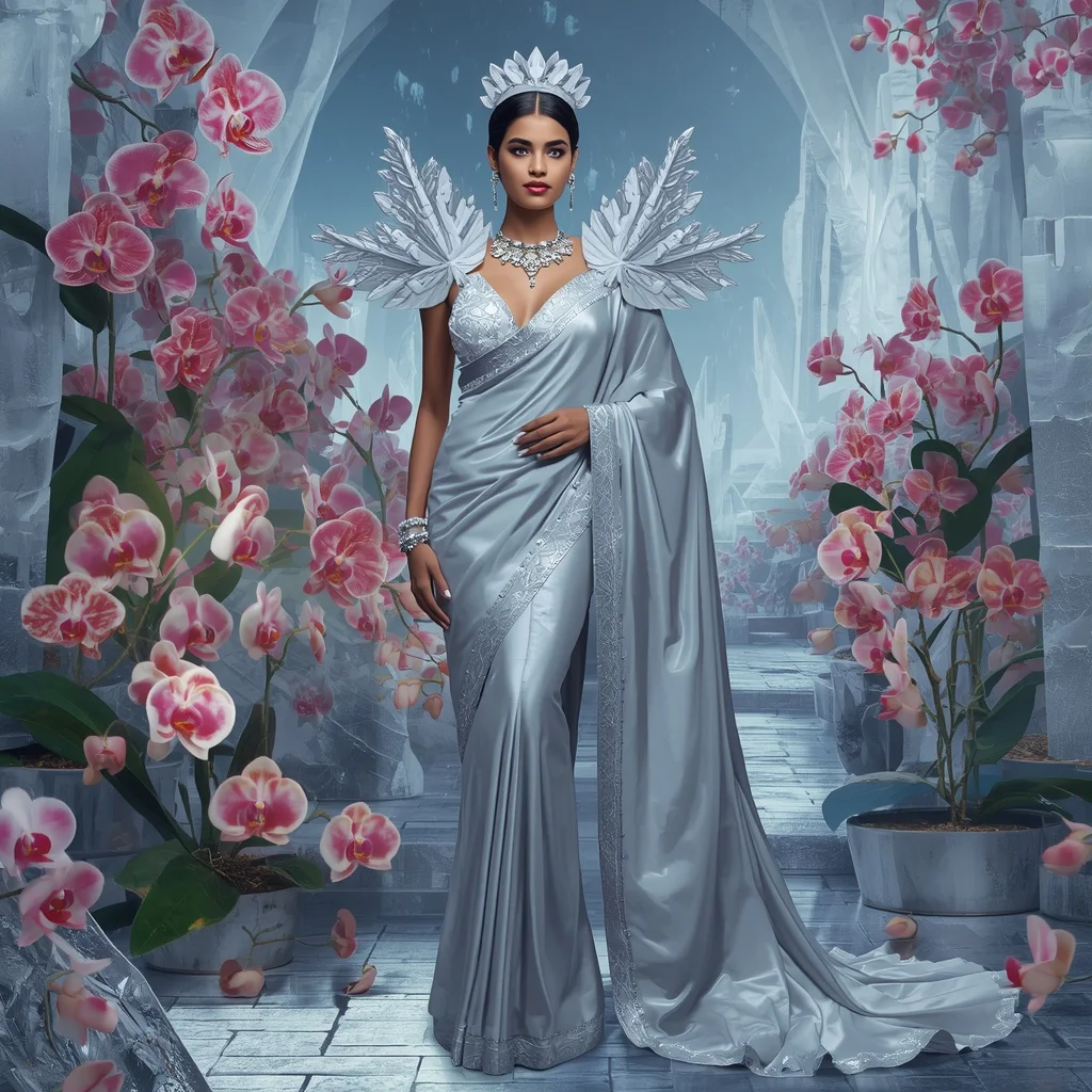 Crystal Silver Orchid Fortress Saree with Frozen Bloom Kingdom | Prompt For Traditional Look For Girl ChatGPT