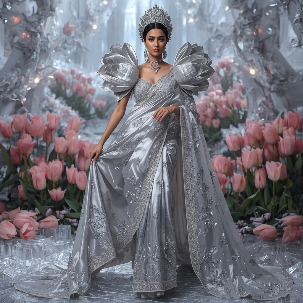 Crystal Silver Tulip Palace Saree with Frozen Bloom Empire | Gemini Photo Editing Prompt