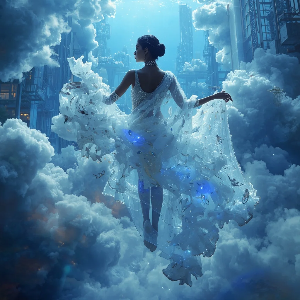 Crystal Sky Aquarium Saree with Floating Cloud Reef Metropolis | Ai Gemini Prompt
