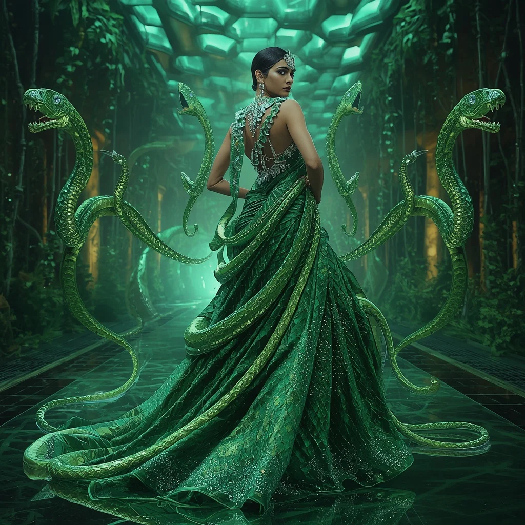 Crystal Snake Garden Saree with Floating Emerald Labyrinth Jungle | Trending Prompt Girls ChatGPT