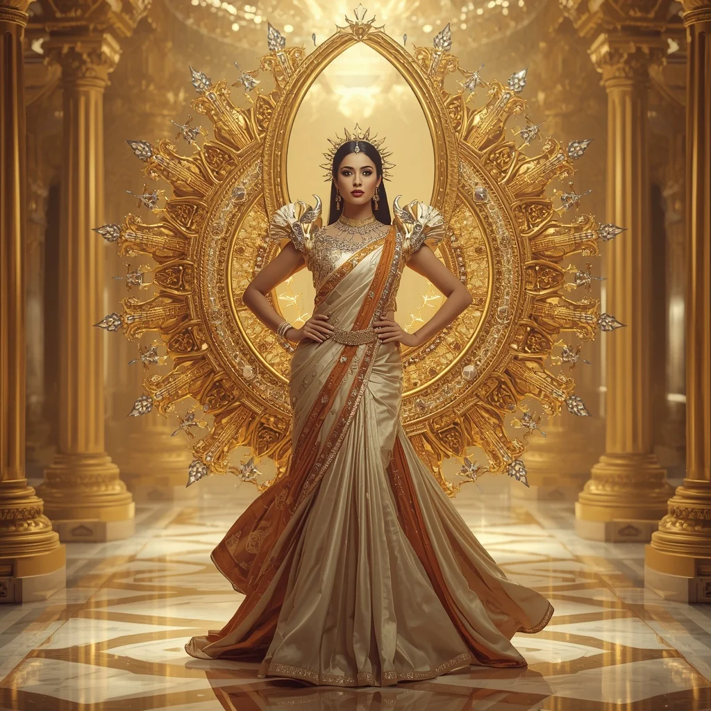 Crystal Solar Crown Arena Saree with Golden Celestial Empire | Indian Girl Ai Prompt