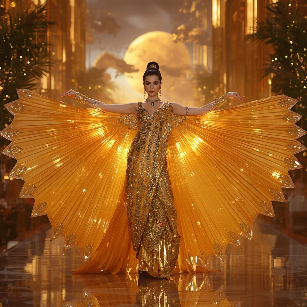 Crystal Solar Dragon Saree with Floating Golden Horizon Empire | Instagram Viral Photo Prompt