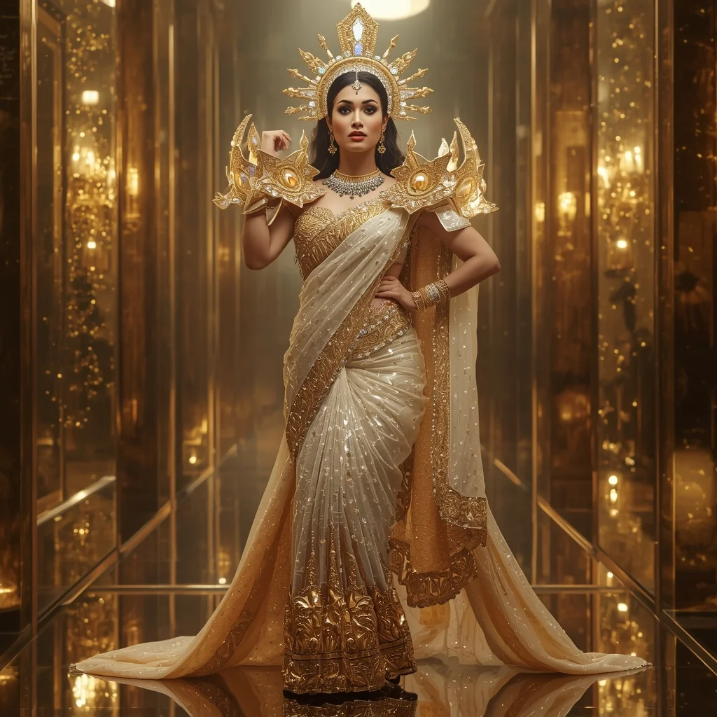 Crystal Solar Temple Crown Saree with Golden Celestial Kingdom | Prompt Seen Gemini Girl Instagram