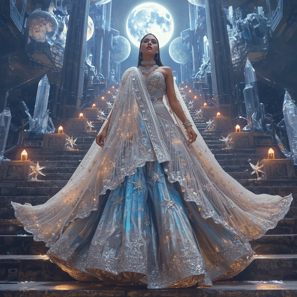 Crystal Stairway Moon Saree with Celestial Fashion Citadel | Prompt Chatgpt