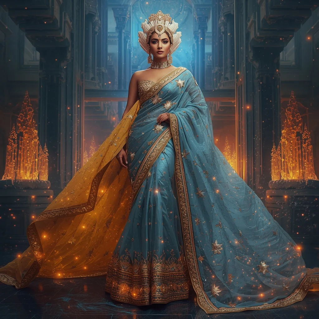 Crystal Starforge Saree with Cosmic Weaponry Royal Empire | Prompt Seen Trending Girl 2026 Instagram