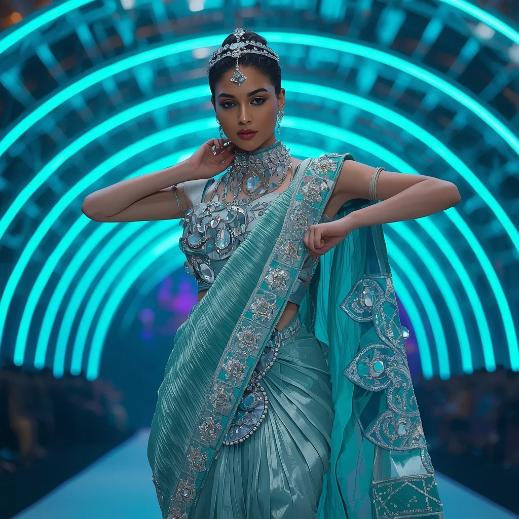 Crystal Storm Empress Saree with Infinity Ribbon Dome | Ethnic Wear Ai Prompt