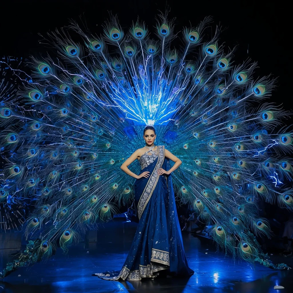 Crystal Storm Peacock Saree with Electric Feather Kingdom | Gemini Ai Prompt For Instagram